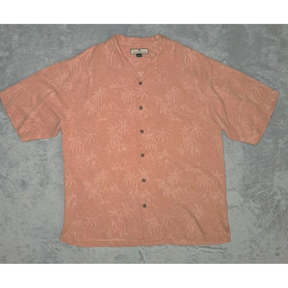 Tommy Bahama Terra Cotta 100% Silk Palm Tree Print Orange Shirt Sz Large